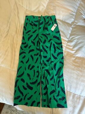 Maeve Green Wide-Leg Pants with Navy Brushstroke Print